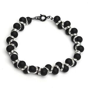 Handcrafted Bracelet Mat Black Glass Beads & Silver Toned Jump Rings Black Clasp